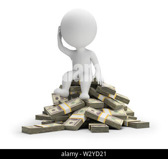 3d kleine Person sitzt in einem nachdenklich auf einem Haufen Geld darstellen. 3D-Bild. Weißer Hintergrund. Stockfoto