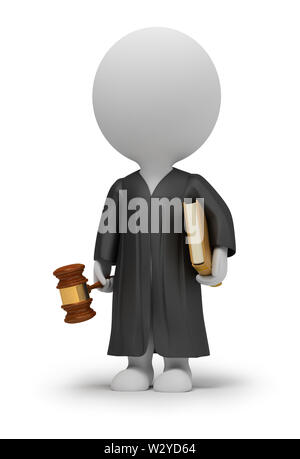 3d Kleine Leute - Richter in einem Mantel mit einem Hammer und das Buch. 3D-Bild. Isoliert weißer Hintergrund. Stockfoto