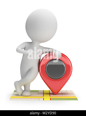 3d kleine Person, die auf der Karte mit einem Zeiger. 3D-Bild. Weißer Hintergrund. Stockfoto