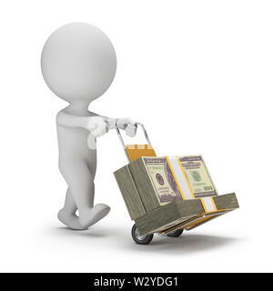 3d kleine Person, die Karre mit Paketen von Dollar. 3D-Bild. Weißer Hintergrund. Stockfoto
