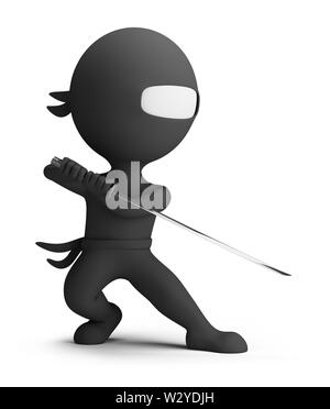 3d kleine Person - Ninja mit Schwert in der Hand, trägt einen schwarzen Anzug und zur Bekämpfung der Körperhaltung. 3D-Bild. Isoliert weißer Hintergrund. Stockfoto