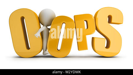 3d kleine Person zwischen Buchstaben in einem Wort oops stecken. 3D-Bild. Weißer Hintergrund. Stockfoto