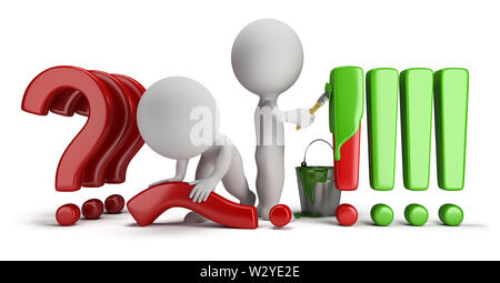 3d kleine Leute begradigen Fragezeichen und Ausrufezeichen gemalt. 3D-Bild. Isoliert weißer Hintergrund. Stockfoto