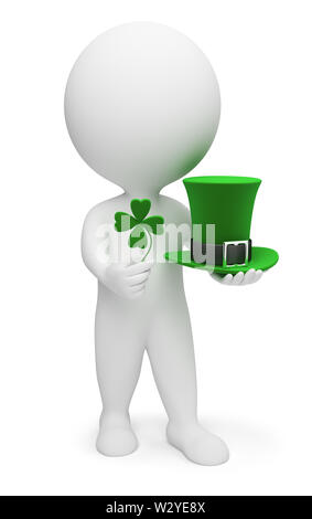 3d kleine Leute mit Klee und einen Hut. Saint Patrick. 3D-Bild. Isoliert weißer Hintergrund. Stockfoto