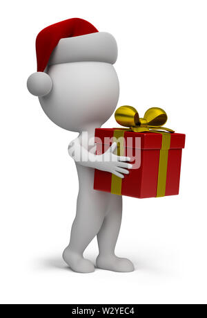 3d kleine Person - Weihnachtsmann mit einem Geschenk in der Hand. 3D-Bild. Isoliert weißer Hintergrund. Stockfoto