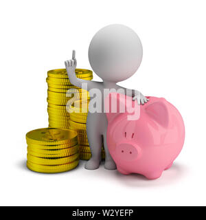 3d kleine Person mit Sparschwein und Stapel von Goldmünzen. 3D-Bild. Weißer Hintergrund. Stockfoto