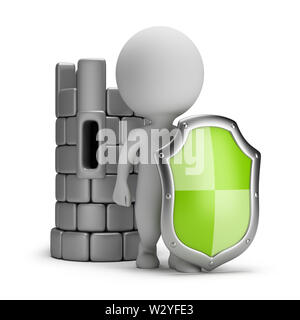 3d kleine Person mit einem Schild in der Nähe der Burg. 3D-Bild. Weißer Hintergrund. Stockfoto