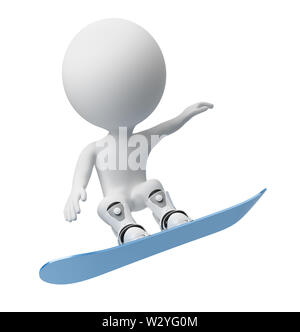 3d kleine Person fliegen auf einem Snowboard. 3D-Bild. Isoliert weißer Hintergrund. Stockfoto