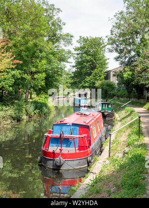 Hausbooten, oder NARROWBOATS oder langboote vertäut am Hockerill Schnitt auf dem River Stort in Bishops Stortford Hertfordshire, Großbritannien Stockfoto