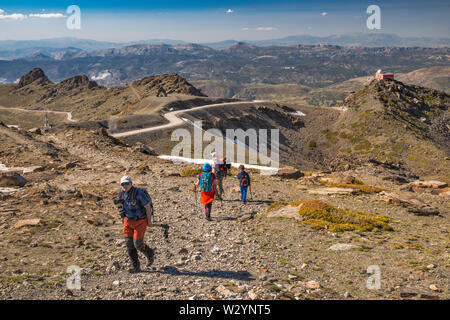 Wanderer in der Nähe von Sierra Nevada Ski Resort, Pradollano, Pico Veleta, massiv, Mitte Mai, Sierra Nevada National Park, Provinz Granada, Andalusien, Spanien Stockfoto