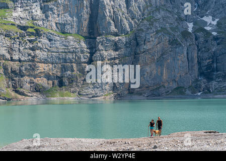 Landschaft am Oeschinensee See, Kandersteg, Berner Oberland, Kanton Bern, Schweiz, Europa Stockfoto