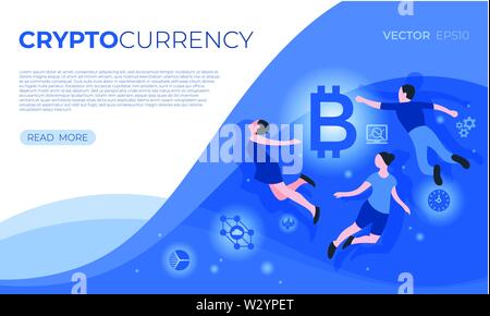 Cryptocurrency blockchain bitcoin Technologie Symbole Infografiken mit fliegenden Menschen, digitale Vektor advert Stock Vektor