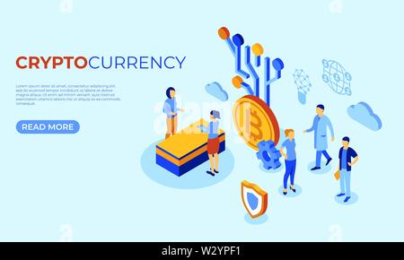 Cryptocurrency bitcoin Technologie isometrische 3D-Symbole Infografiken mit Geschäftsleuten, digitalen Vektor advert Stock Vektor