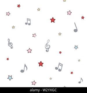 Musik Hintergrund mit Noten und Sternen, farbige nahtlose Muster Stock Vektor