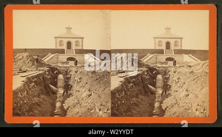 Okt 31, 1877 Blick auf die Verbindung von Sudbury River Pipeline mit 48 äußeren Rohr an Abwasser Gate House, der Chstnut Hill Reservoir, Blick nach Westen, von Robert N Dennis Sammlung von stereoskopische Ansichten Stockfoto