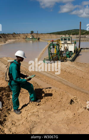 Verwaltung und Transport von mineralischen Sanden aus Titan am Standort der Mine. Bergbau mit Träumen, die Sand aus Wasserteichen und Landvermesser pumpen, die Dünenhöhen messen. Stockfoto
