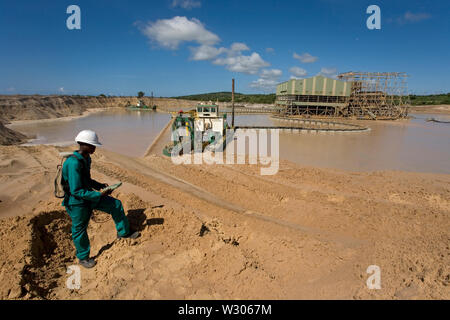 Verwaltung und Transport von mineralischen Sanden aus Titan am Standort der Mine. Bergbau mit Träumen, die Sand aus Wasserteichen und Landvermesser pumpen, die Dünenhöhen messen. Stockfoto