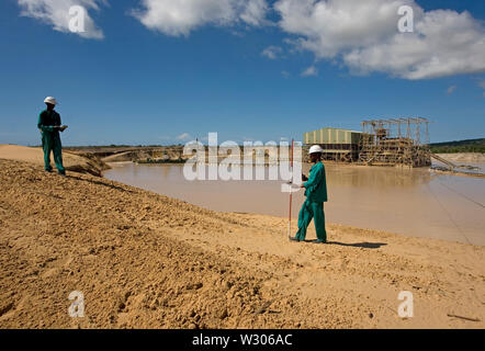 Verwaltung und Transport von mineralischen Sanden aus Titan am Standort der Mine. Bergbau mit Träumen, die Sand aus Wasserteichen und Vermessern pumpen, die Dünenhöhen messen. Stockfoto