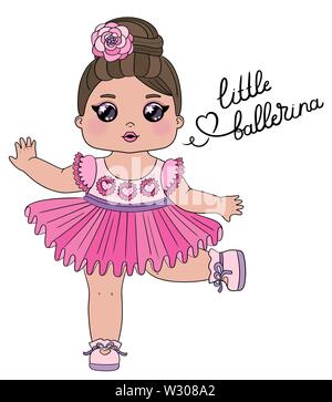 Baby girl Tänzerin Charakter mit Schriftzug Kleine Ballerina niedlich. Kleine tanzende Ballerina in ein rosa Kleid auf weißem Hintergrund. Ideal für Stock Vektor