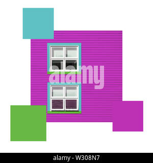Bunte Windows auf einem violetten Wand, mit Farbmustern und Platz für Text. Farbschema themed Bild. Stockfoto