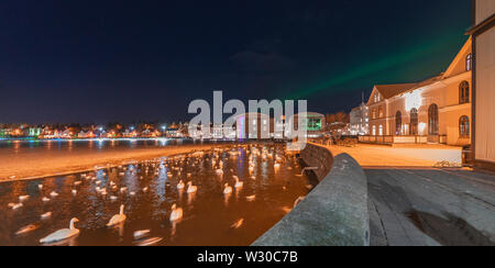 Die Reykjavik Teich, Winter Lights Festival, Reykjavik, Island Stockfoto