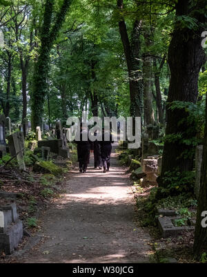 Jüdische Chasidic Männer in traditionellen lange schwarze Mäntel und Hüte sprechen Sie ein Gebet an einem alten Grabstein in der Neuen Jüdischen Friedhof in Kazimierz in Krakau, Polen Stockfoto