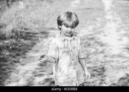 Little Boy halten Ährchen Gras in der Hand. neues Leben. von Mensch und Natur. kleines Kind wandern Outdoor. Tag der Erde. Eco Zukunft. Sommer Aktivität. Landwirtschaft und Landwirtschaft. glückliches Kind Landwirt. Frühjahr ernten. Stockfoto