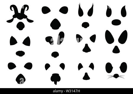 Schwarze silhouette Tier Gesicht Elemente cartoon flache Design Ohren und Nasen Vector Illustration auf weißem Hintergrund. Stock Vektor