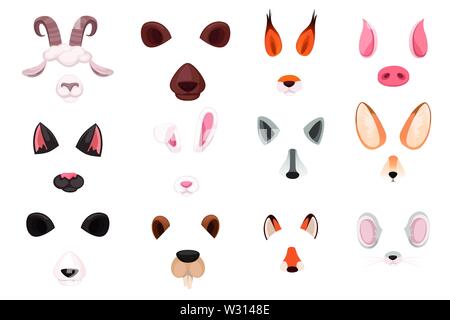 Tier Gesicht Elemente cartoon flache Design Ohren und Nasen Vector Illustration auf weißem Hintergrund. Stock Vektor