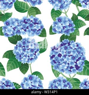 Nahtlose Muster der Blaue Hortensie Blumen mit grünem Stängel und Blätter flach Vector Illustration auf weißem Hintergrund. Stock Vektor