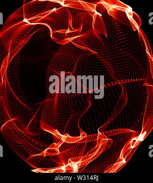 Leuchtende Flamme Wellen, Feuerball oder Kugel auf schwarzem Hintergrund. Drucken. Abstrakte dunkel orange Wellen, elegante Wissenschaft Hintergrund. Stockfoto