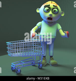 Shopper zombie Monster gehen mit seinem leeren Einkaufswagen, 3d-Grafik rendern Stockfoto