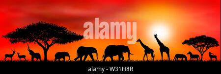 Silhouetten der wilden Tiere der Afrikanischen Savanne. Afrikanische Landschaft mit Tiere und Bäume bei Sonnenuntergang. Stock Vektor