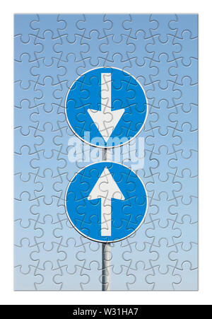 Widerspruch Konzept Bild mit Verkehrszeichen in jugsaw puzzle Form Stockfoto