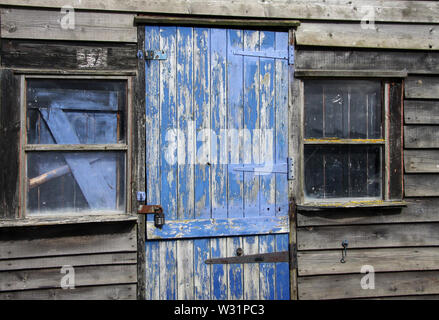 Blaue abblätternde Farbe an einer Holztür zu einem alten Shack Stockfoto