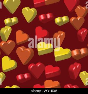 Rot Gelb Orange Herzen nahtlose Muster, 3D-Darstellung Stock Vektor