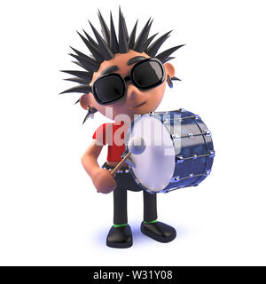 Gerenderten 3D-Bild von einem Punk Rocker cartoon 3d-Charakter Schlagens einer großen Bass Drum Stockfoto