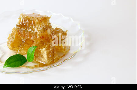 Wabe auf einem weißen Teller auf weißem Hintergrund. Stockfoto