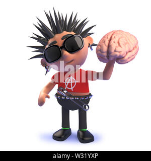 Gerenderten 3D-Bild von einem Cartoon Punk Rocker Charakter in 3d Holding ein menschliches Gehirn Stockfoto