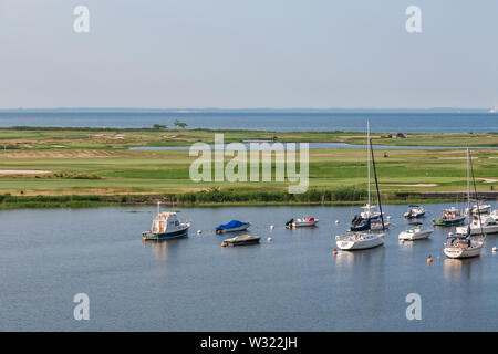 Boote auf moorings in Southport, CT Stockfoto