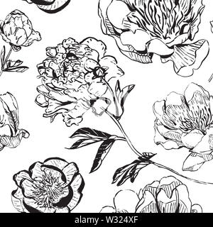 Hand gezeichnet Tinte Blumen Muster, andere Art von Pfingstrosen im asiatischen Stil. Design für Abdeckungen, Verpackung, Textil und wallpepers, Raster. Stockfoto