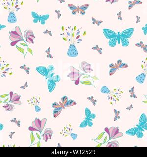 Lebendige multicolor Hand gezeichnet Schmetterlinge und Blumen Design. Nahtlose multidirektionale Vektor Muster auf Pastell rosa Hintergrund. Toll für Wellness Stock Vektor