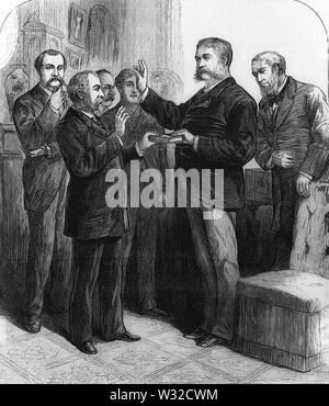 Der Tod von Präsident Garfield, Richter Brady Verwaltung der Presidential Oath To Vice President Arthur, in seiner Wohnung in New York, 20. September, Cover Illustration, Frank Leslie's Illustrierte Zeitung, 8. Oktober 1881 Stockfoto