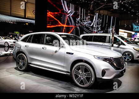 Genf, März 2019 alle neuen elektrischen Mercedes EQC 400 4Matic 300 kW SUV 2019 Modell, EQ Marke, Genfer Autosalon, produziert von Mercedes Benz Stockfoto