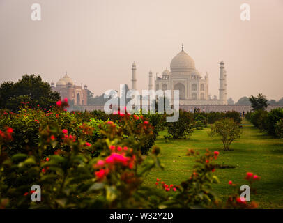 AGRA, INDIEN - ca. November 2018: Blick auf das Taj Mahal von mehtab Bagh. Das Taj Mahal ist ein Elfenbein - weißer Marmor Mausoleum auf dem Südufer des Y Stockfoto