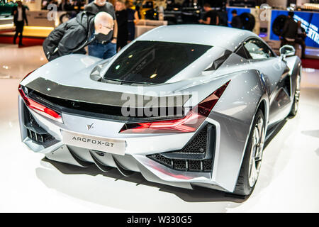 Genf, Schweiz, März 2019 Arcfox GT Race Edition, Genfer Autosalon, elektrische Rennwagen durch Arcfox, BAIC BJEV Marke entwickelt Stockfoto