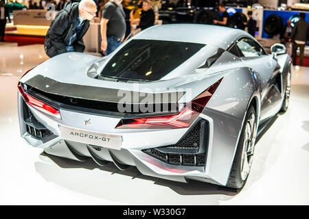 Genf, Schweiz, März 2019 Arcfox GT Race Edition, Genfer Autosalon, elektrische Rennwagen durch Arcfox, BAIC BJEV Marke entwickelt Stockfoto