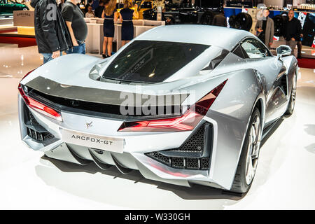 Genf, Schweiz, März 2019 Arcfox GT Race Edition, Genfer Autosalon, elektrische Rennwagen durch Arcfox, BAIC BJEV Marke entwickelt Stockfoto