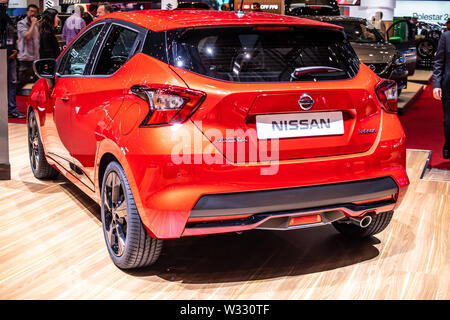 Genf, März 2019 rot Nissan Micra V, Geneva International Motor Show, 5. Gen, K14, kompaktes Auto von dem japanischen Automobilhersteller Nissan produziert Stockfoto