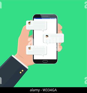 Handy Chat Nachricht Benachrichtigungen Vector Illustration auf Farbe Hintergrund isoliert, Hand mit Smartphone und Chat bubble reden, Konzept o Stock Vektor
